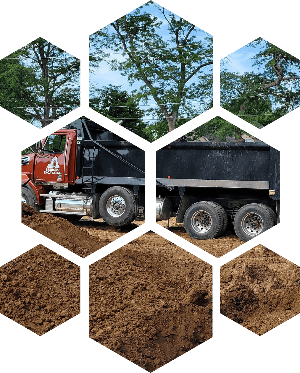 A fleet of dump trucks lined up, available for hire in Brant County.
